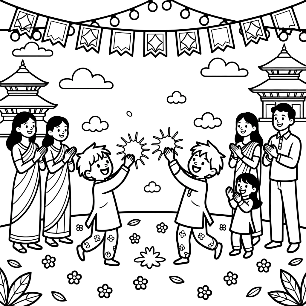 A coloring page showing a lively celebration in Nepal with the Holi festival of colors with children throwing bright powder into the air, while families clap and cheer and colorful banners hang overhead.