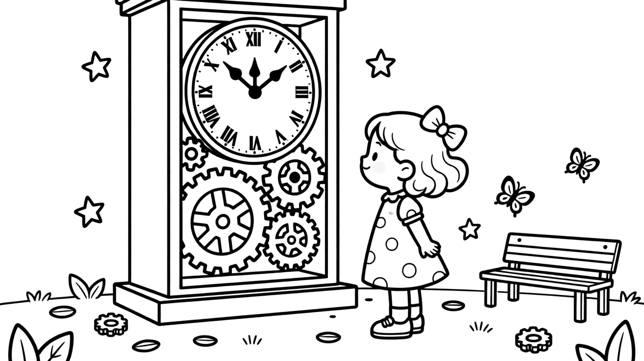 a gentle little girl watches gears turn in a giant see-through clock exhibit.