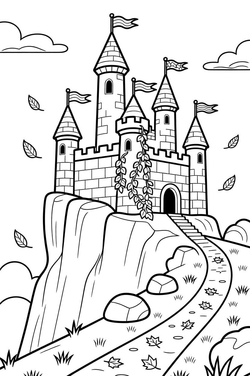 [Castles] A dynamic scene shows a grand medieval castle standing proudly against the sky atop a rocky cliff, looking determined and brave. Close by, flags wave from every tower. Ivy climbs partway up one tower. The moment unfolds on a crisp autumn afternoon, with dust kicked up by the wind, filled with energetic detail perfect for a young colorist.