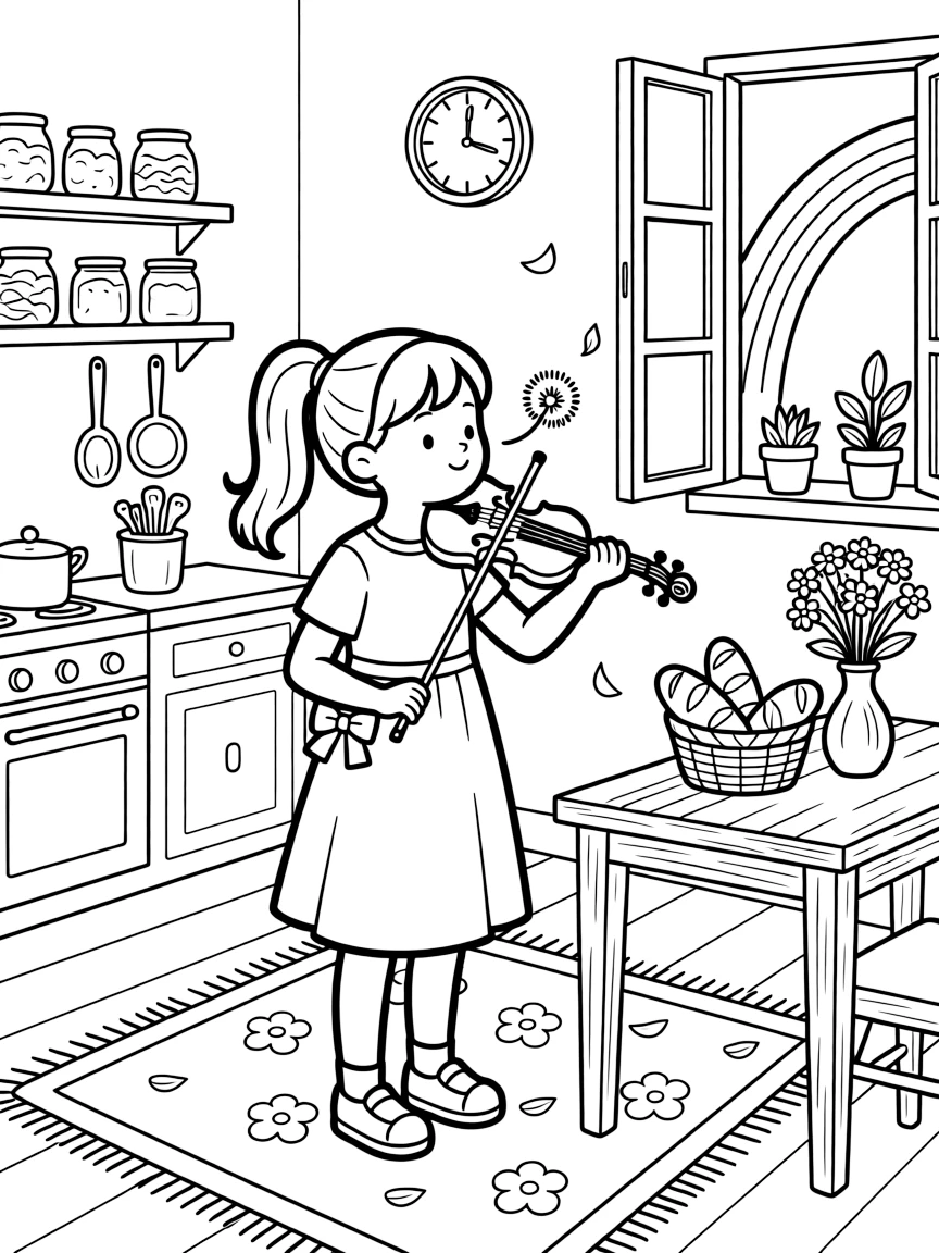 A girl violinist with her instrument tucked under her chin is making a wish while blowing on a dandelion in a cozy kitchen filled with the smell of fresh bread. Close by, a soft rainbow arching overhead and scattered flower petals drifting in the breeze give the moment a cozy feel.