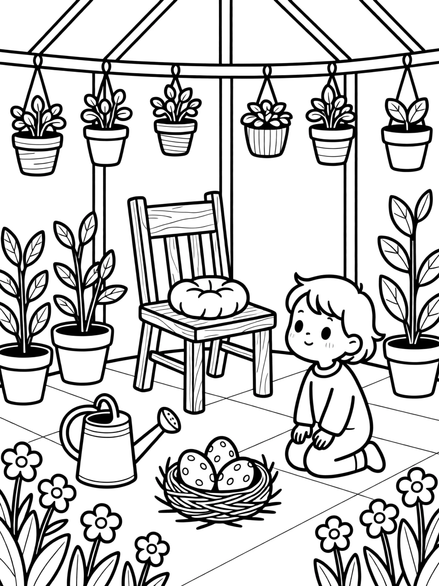 A whoopee cushion hidden on a chair in a greenhouse filled with budding plants, with a shy toddler taking it all in playing close by amid a nest with three speckled eggs and a watering can beside a flower bed.
