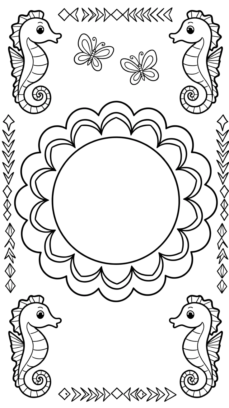 Ocean Creatures: The page centers on a repeating motif of a seahorse with a curled tail and tiny fins, built around a scalloped wreath mandala with rounded overlapping arcs. The motif is repeated in a corner-to-corner border that circles the entire page, leaving a round open area in the middle. Decorative details fill the surrounding space, including ribbons folded into gentle zigzags, rows of arrow-shaped chevrons, and a repeating chain of small diamonds woven throughout the background. A playful extra touch completes the page: a pair of small butterflies fluttering near the top of the page.