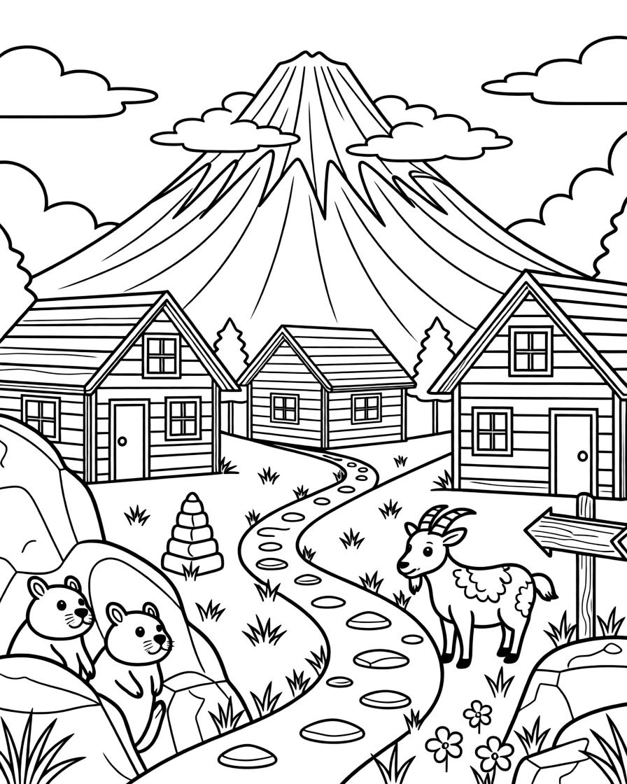 [Mountain Peaks] A small mountain village of wooden cabins nestles at the base of a dramatic, cloud-wrapped peak. Below, marmots poke their heads out from between the rocks, watching a family of goats graze nearby. Jagged rock formations rise beside a winding trail marked with cairns and wooden signposts. Late afternoon light glows across the ridgeline, casting long shadows over the rocky trail.