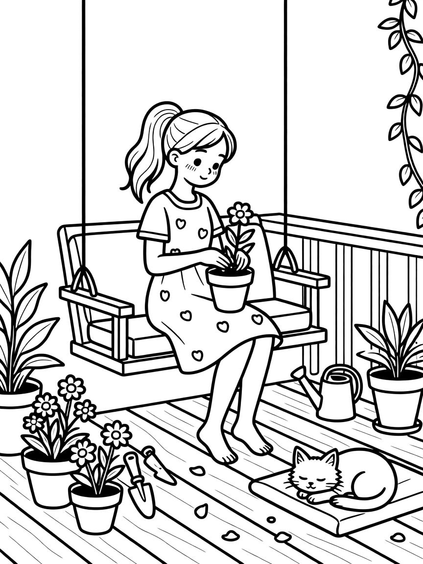 A tall girl planting flowers alone on a porch swing, deeply focused, while a kitten naps in a sunny spot.