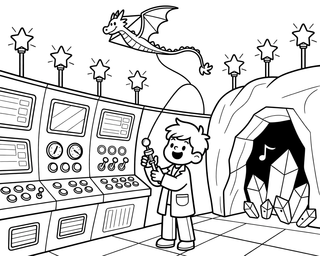 Inventor kid Tango testing a gravity-flip gadget discovering a cave full of singing crystals on an alien planet near a spaceship's bright control room full of blinking buttons and screens, surrounded by a row of streetlights shaped like glowing stars and a kite shaped like a friendly dragon flying overhead.