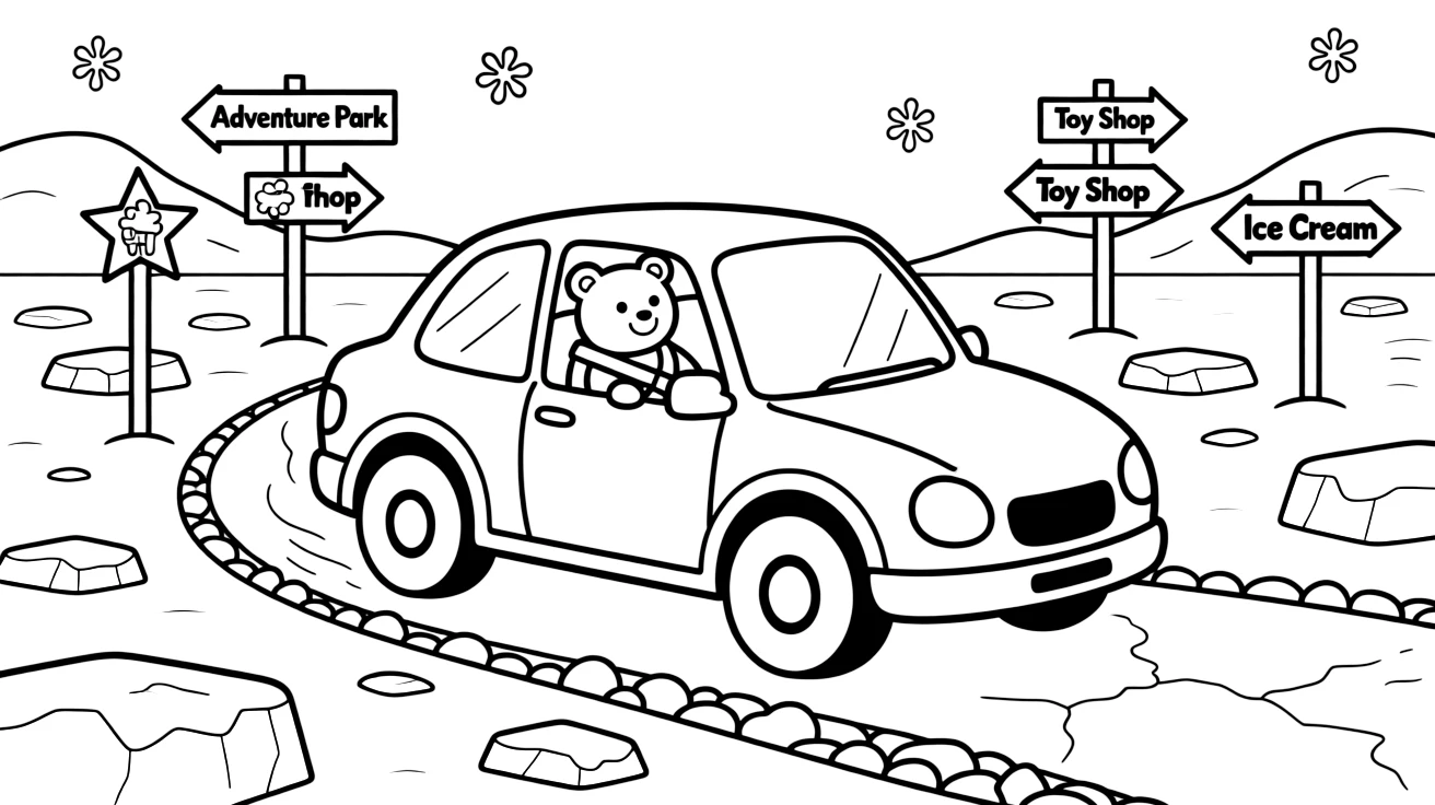 A big, friendly a rally car drifting sideways around a gravel corner rolls through an icy arctic field with drifting chunks of blue-white ice, with a teddy bear buckled safely into the passenger seat enjoying the ride and road signs pointing toward fun destinations adding a playful touch.