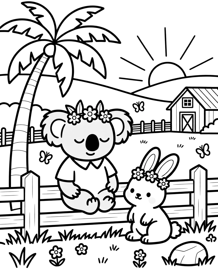 A sleepy koala on a farm at sunrise, wearing tiny flower crowns with a fluffy bunny, next to a tropical palm tree, as the sun sets in soft colors.