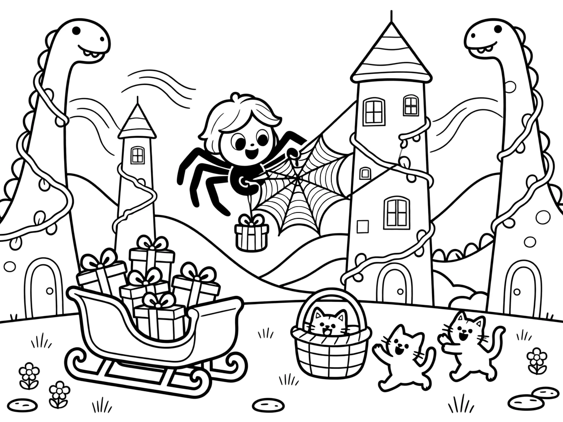 Plucky and full of excitement, a spider weaving rainbow webs spends the day delivering presents from an overflowing sleigh in a bustling dinosaur city with vine-covered towers. Nearby, a basket of kittens tumbling over each other adds to the fun. Giggles echo happily through the whole valley.