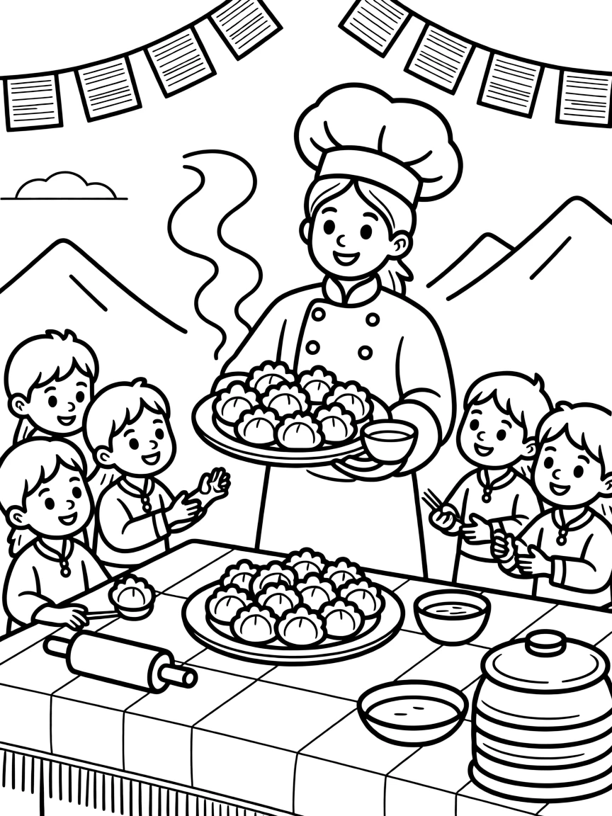 A coloring page of a happy cook in Nepal presenting a plate of steamed momo dumplings with dipping sauce, with steam rising and cheerful helpers gathered around the table.