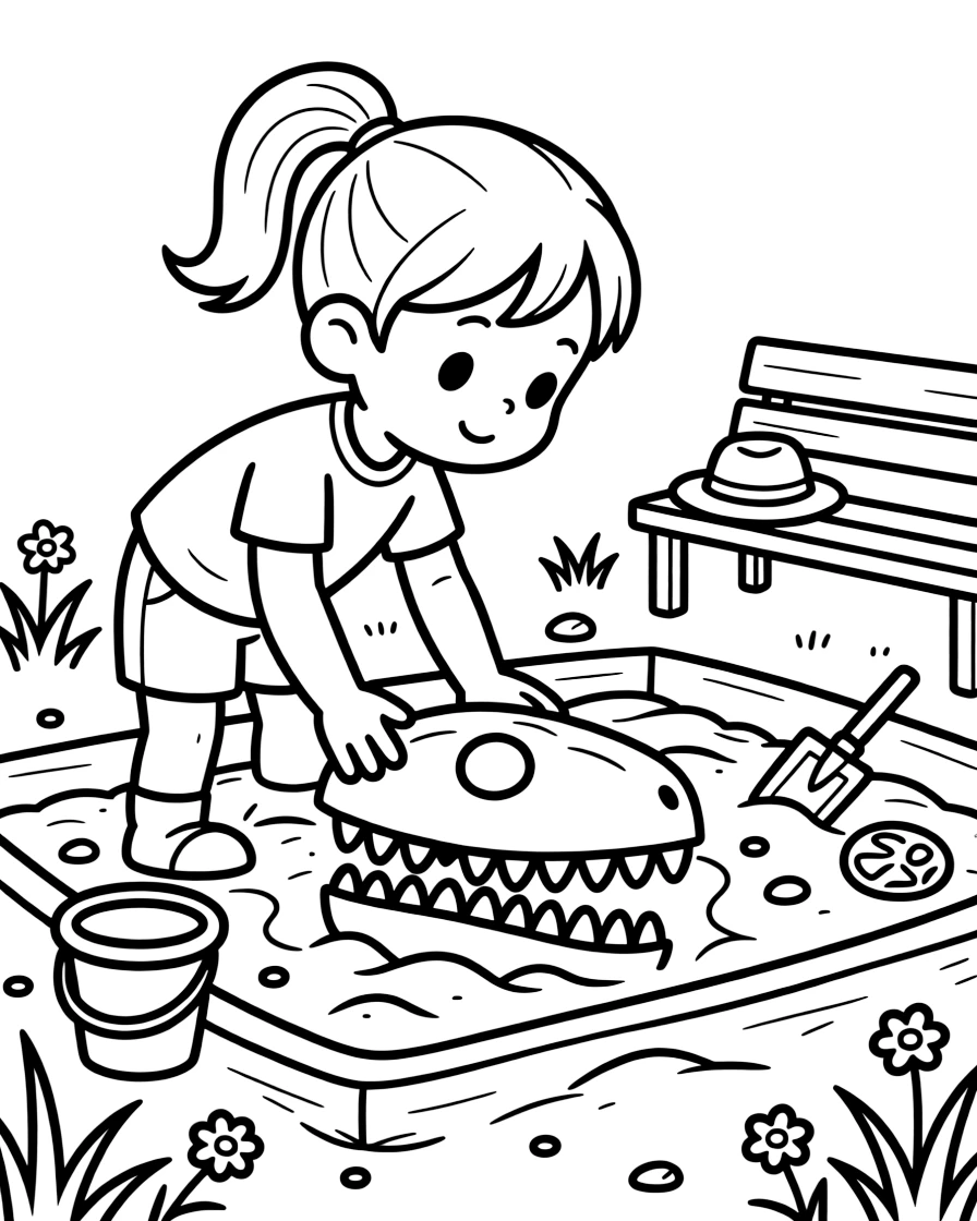 a curious little girl digs carefully in a sandbox to uncover a hidden dinosaur bone.