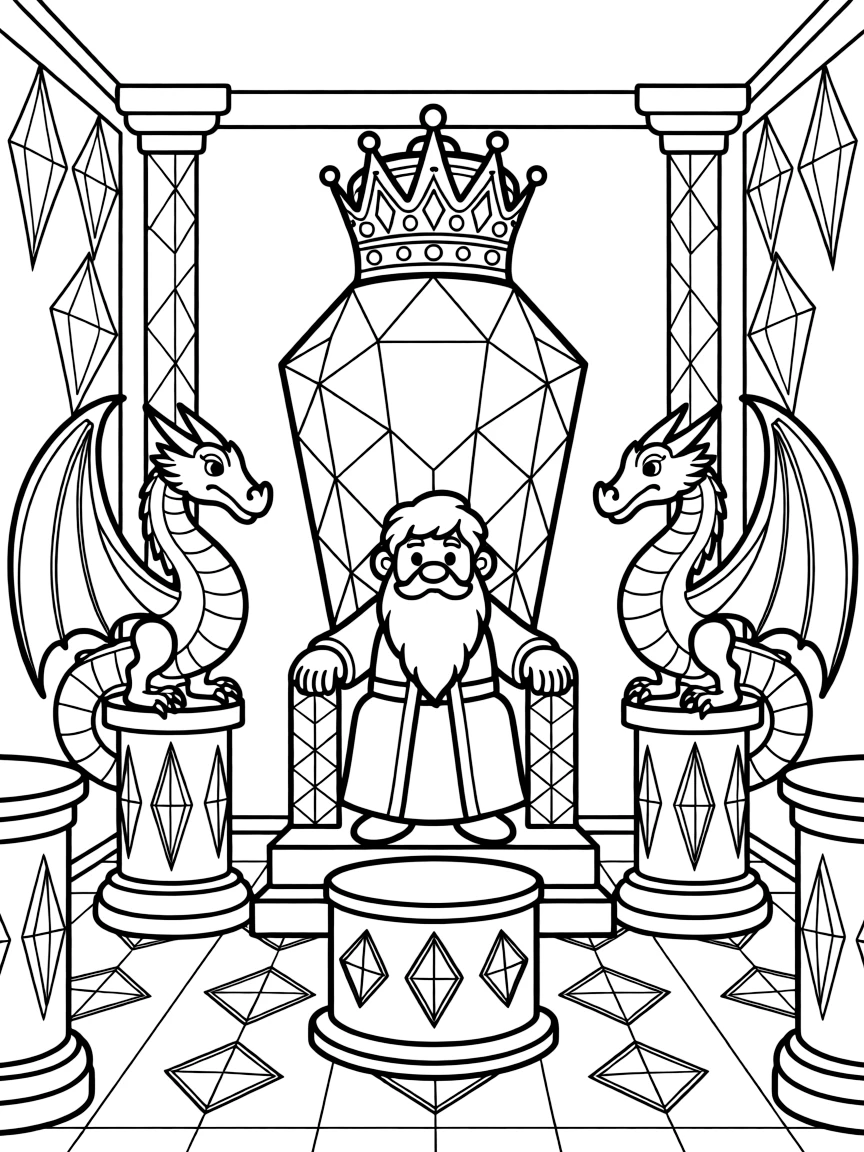 A dwarf king's throne room is carved entirely from a single glowing gem, with twin dragon statues flanking his jeweled crown on display.