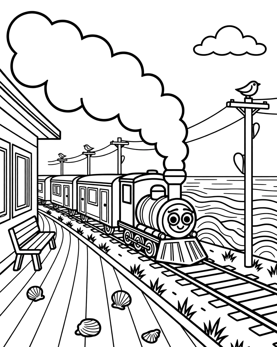 [Trains] a friendly cartoon-style freight train puffing clouds of steam as it departs a station along a coastline with waves crashing below, wide-eyed with wonder, while puffy white steam trails behind the engine fills the surrounding area. Telephone poles line the tracks in the distance. Set at high noon, under clear blue skies, the page bursts with adventure and imagination.