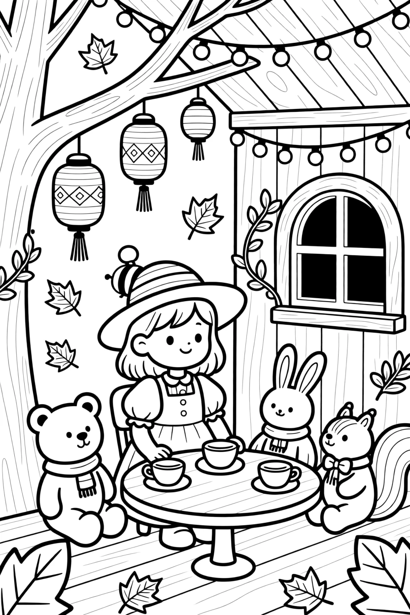A girl beekeeper in a wide-brimmed veiled hat is having a tea party with a circle of stuffed animal friends inside a cozy treehouse strung with fairy lights. Close by, paper lanterns hanging from low branches and swirling autumn leaves in every color round out the happy picture.