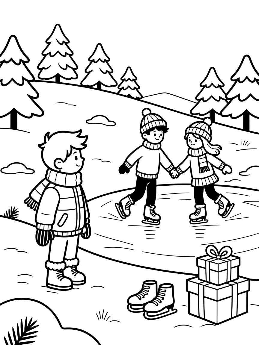 A curious little boy admiring a pair of ice skaters gliding hand in hand on a hillside dotted with snow-frosted evergreens, near a pair of ice skates and a stack of wrapped gifts.