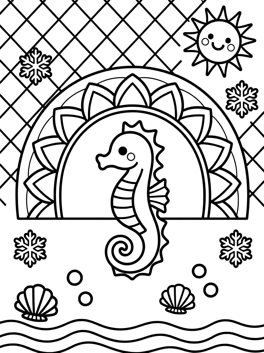 Ocean Creatures: The page presents a small themed scene built around a seahorse with a curled tail and tiny fins, tied together by an arched dome mandala built from layered nested arches. The scene is positioned in the middle of a balanced layout, with smaller matching details arranged above and below. Decorative details fill the surrounding space, including six-point snowflake shapes, rows of small square tiles, and a grid of lattice diamonds woven throughout the background. A playful extra touch completes the page: a friendly round sun peeking in from behind the top edge.