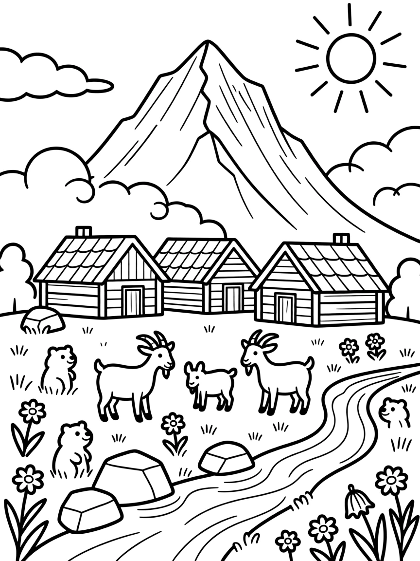 [Mountain Peaks] A small mountain village of wooden cabins nestles at the base of a dramatic, cloud-wrapped peak. Below, marmots poke their heads out from between the rocks, watching a family of goats graze nearby. Patches of wildflowers grow between boulders near a bubbling spring that feeds a mountain stream. Wisps of cloud drift past the summit as the morning sun paints the peaks in soft golden light.