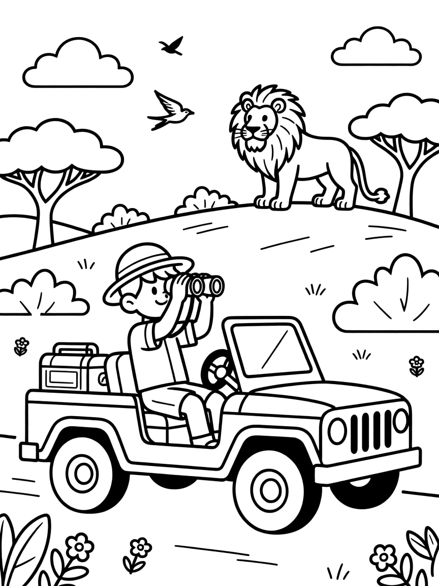 A zoologist tracks a lion's movements with binoculars from a safari research jeep.