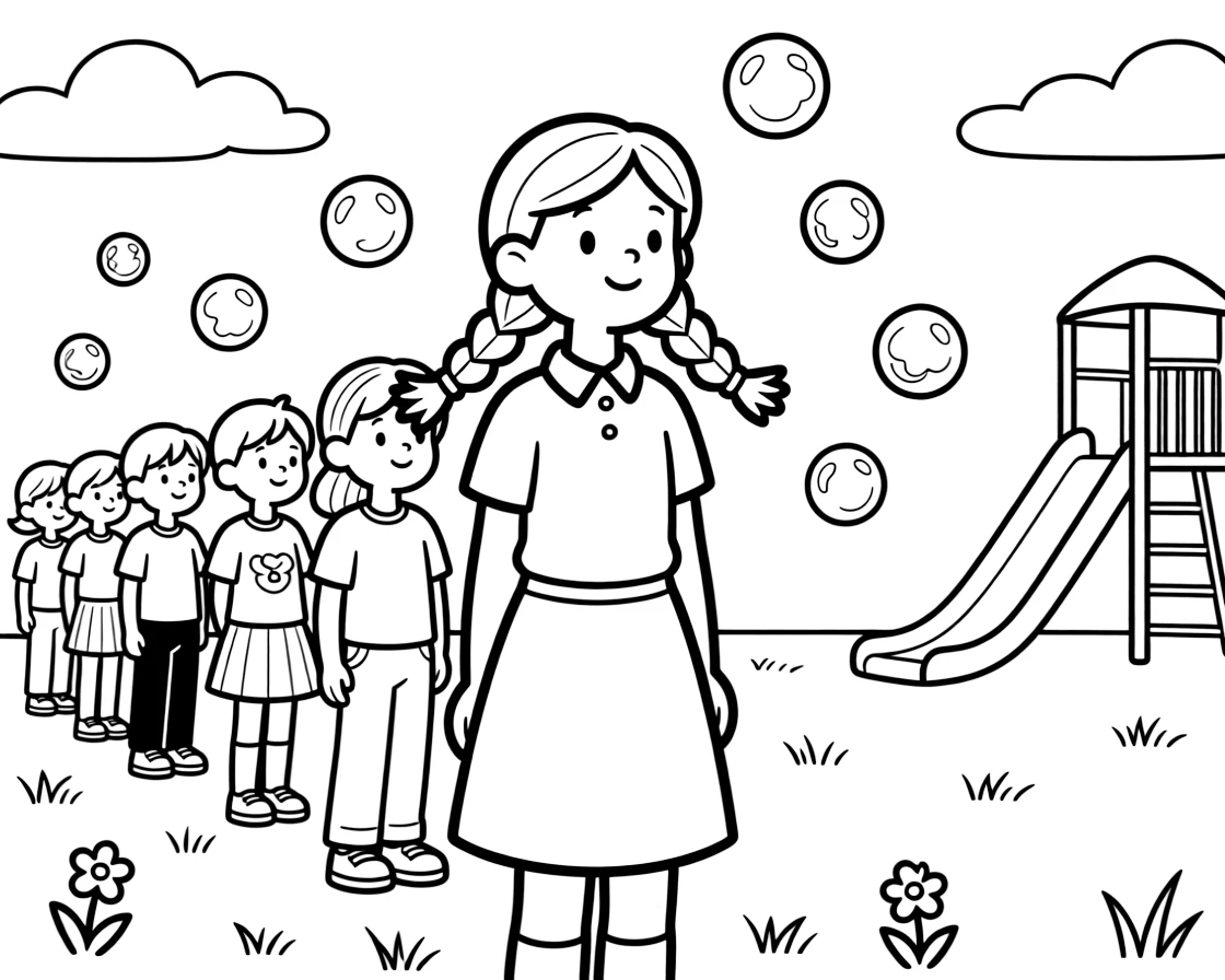 A girl with braids lining up for recess at a school talent show as soap bubbles float upward.