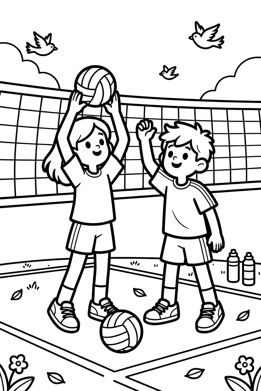 A pair of best friends, setting the ball perfectly for a teammate to spike near the net.