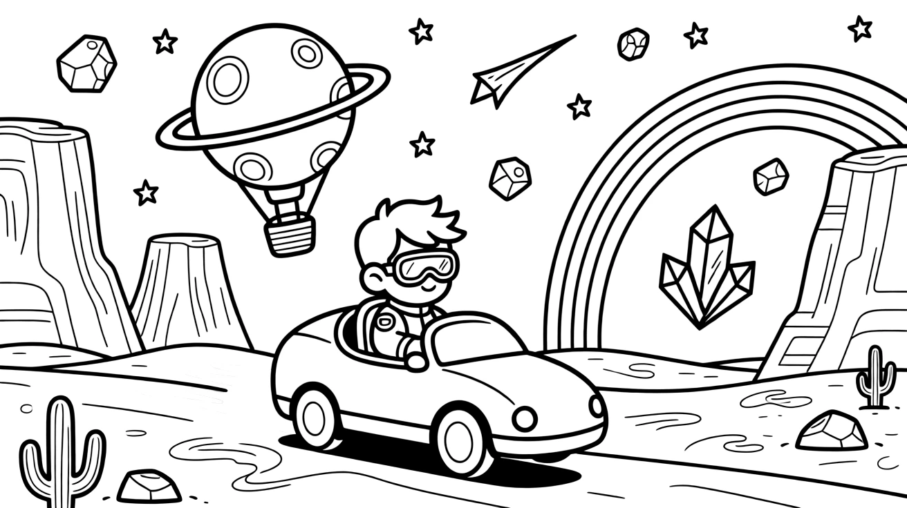 Pilot Pixel zooming along on a hovercar steering a hot-air balloon shaped like a planet through a meteor shower in a red desert planet with towering rock canyons, as a rainbow bridge arching over a canyon and a cluster of floating crystals humming softly fill the scene.