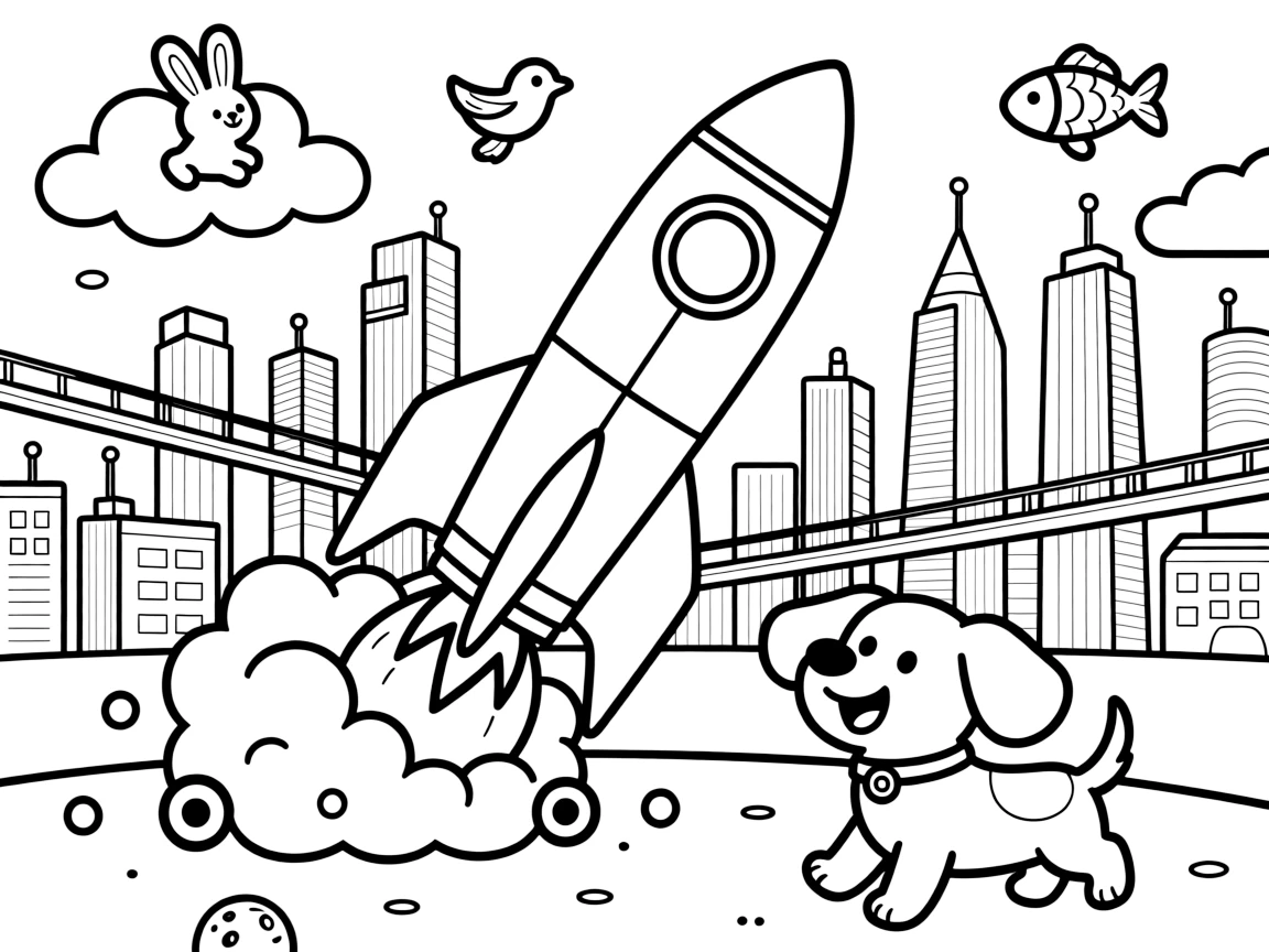 This page centers on a towering rocket ship blasting off in a cloud of fire exploring a gleaming futuristic city skyline with towers and skywalks, featuring a friendly dog with its ears flapping in the wind and little extras like a bouncy trail of moon dust kicked up behind the wheels and fluffy clouds shaped like animals drifting overhead.