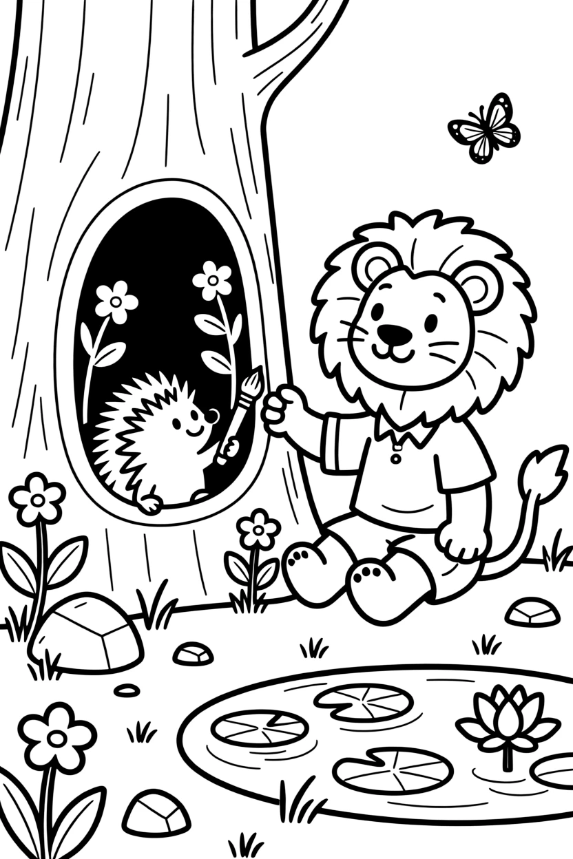 A lion cub painting flowers with a porcupine inside a hollow tree trunk, near a lily pad pond.
