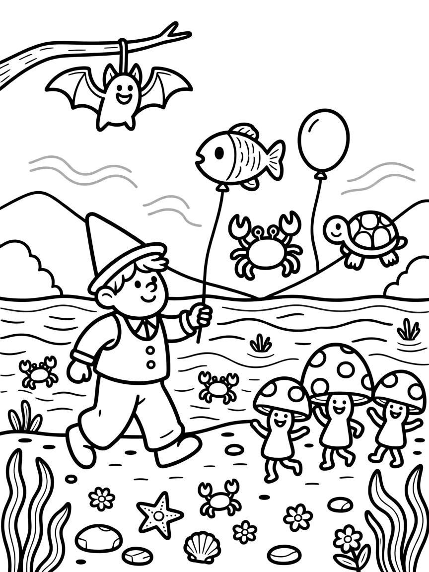 A playful gnome gardener is leading a parade of floating balloon animals at a tide pool bustling with tiny sea creatures, joined by a cluster of giggling mushroom sprites and a friendly bat hanging upside down nearby. Giggles echo happily through the whole valley.