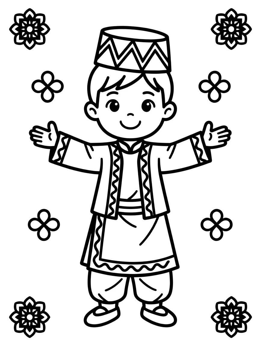 A coloring page portrait celebrating Nepal, showing a child wearing a traditional daura-suruwal outfit with a topi hat, standing proudly with arms outstretched and a warm smile, surrounded by simple decorative patterns.
