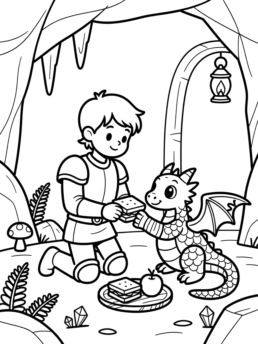 A brave young knight befriends a wounded baby dragon in a hidden cave, sharing his lunch while bandaging its injured wing.
