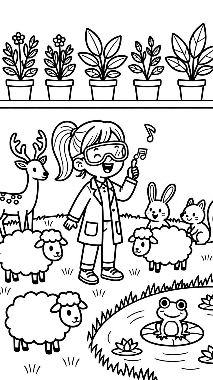 A girl scientist in a lab coat and safety goggles is singing a cheerful tune with woodland animal friends in a meadow where fluffy sheep graze. Just beyond, a row of potted plants along a windowsill and a friendly frog perched on a lily pad complete the joyful scene.