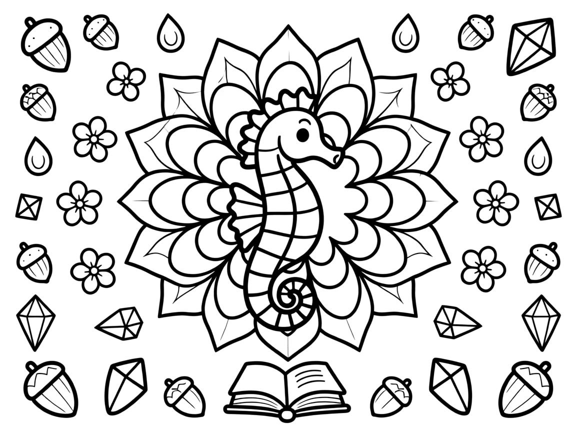 Ocean Creatures: The design turns a seahorse with a curled tail and tiny fins into a kaleidoscope-style composition anchored by a shell-spiral mandala coiling outward in smooth turns. The imagery is multiplied into a circular burst of matching pieces that rotate evenly around the page's center point. Decorative details fill the surrounding space, including clusters of tiny acorns, rows of teardrop-shaped petals, and angular crystal facets woven throughout the background. A playful extra touch completes the page: a tiny open book resting at the base of the design.
