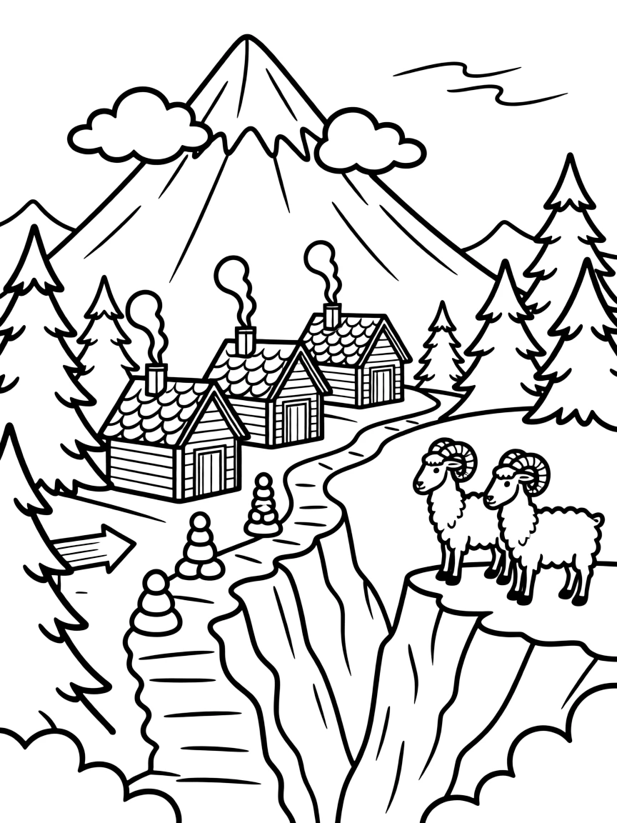 [Mountain Peaks] A small mountain village of wooden cabins nestles at the base of a dramatic, cloud-wrapped peak. A pair of mountain sheep with curled horns stand on a narrow ledge overlooking a deep valley. Jagged rock formations rise beside a winding trail marked with cairns and wooden signposts. A crisp breeze carries the scent of pine as snow gently dusts the higher slopes.