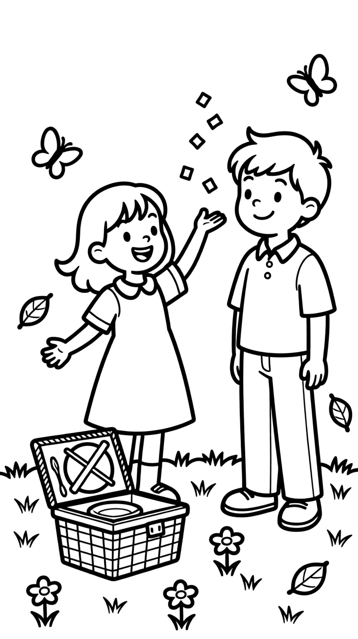 A cheerful girl tossing confetti in the air during a holiday dinner with a big brother with a picnic basket nearby.
