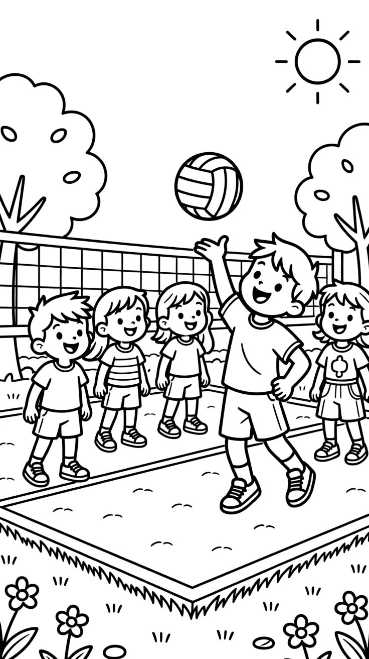 A team of neighborhood kids, serving the ball with a big underhand swing on a sunny outdoor court.