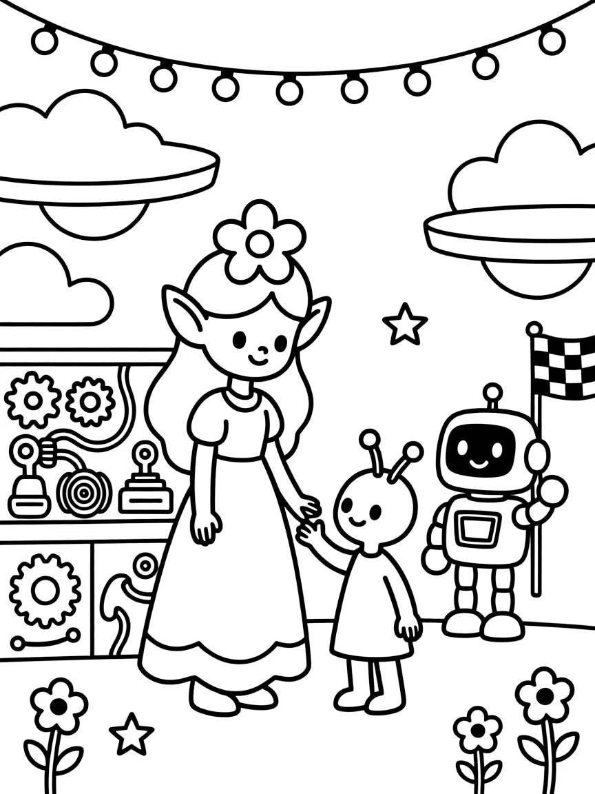 Korr, a gentle alien princess with flower-petal ears helping a shy alien make new friends at the intergalactic fair near a robot workshop cluttered with gears, wires, and half-built inventions, surrounded by a friendly robot waving a checkered flag and twinkling string lights strung between floating platforms.