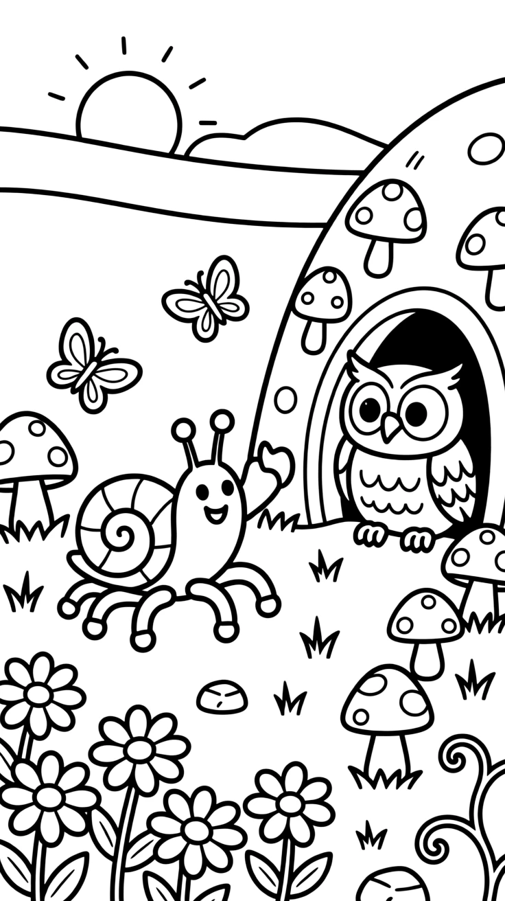 A hermit crab chasing butterflies through the garden with a wise old owl in a cave glowing with mushrooms, near a bed of daisies, as the sun sets in soft colors.