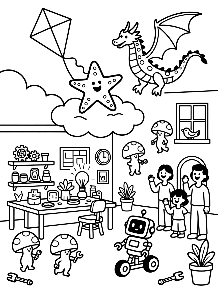 A bouncy starfish dancer is flying through the clouds on a friendly kite-dragon in a workshop cluttered with half-built inventions, joined by a cluster of giggling mushroom sprites and a tiny robot rolling along on training wheels. The whole neighborhood has come out to join the fun.