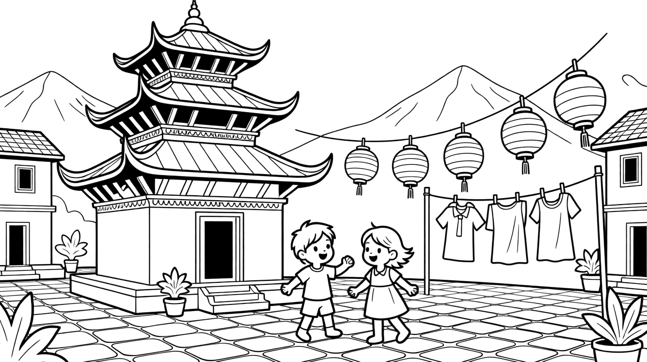 A coloring page featuring a pagoda-style temple with carved wooden struts in a mountain town square in Nepal, with children playing just outside the door and laundry or lanterns strung nearby.