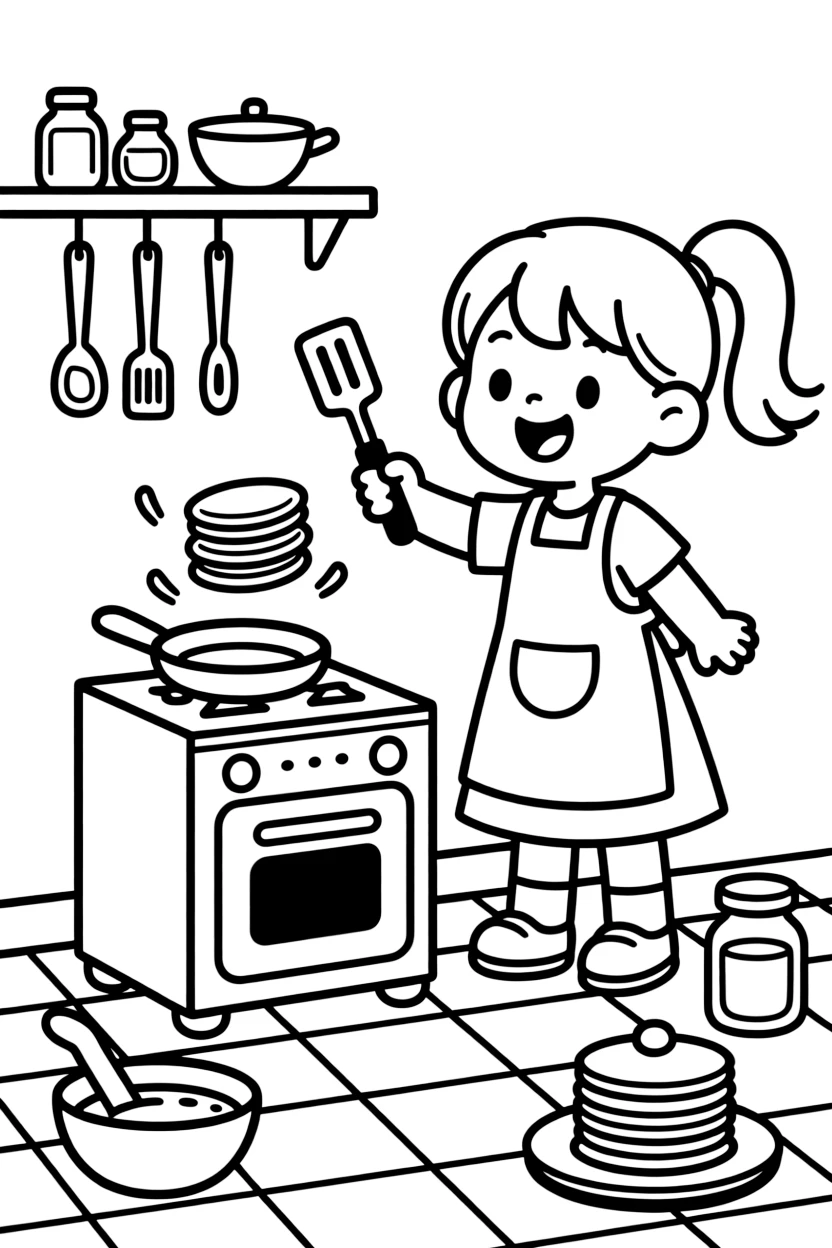 a giggling young girl flips pancakes at a toy stove during a young chef cooking class.
