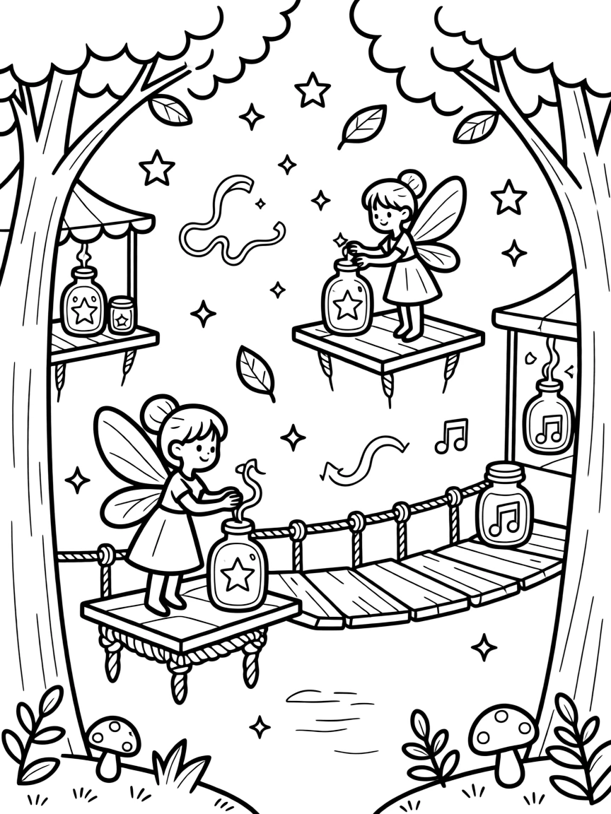 A floating market of fairy merchants sells bottled starlight, enchanted ribbons, and jars of captured laughter from wooden platforms strung between trees.