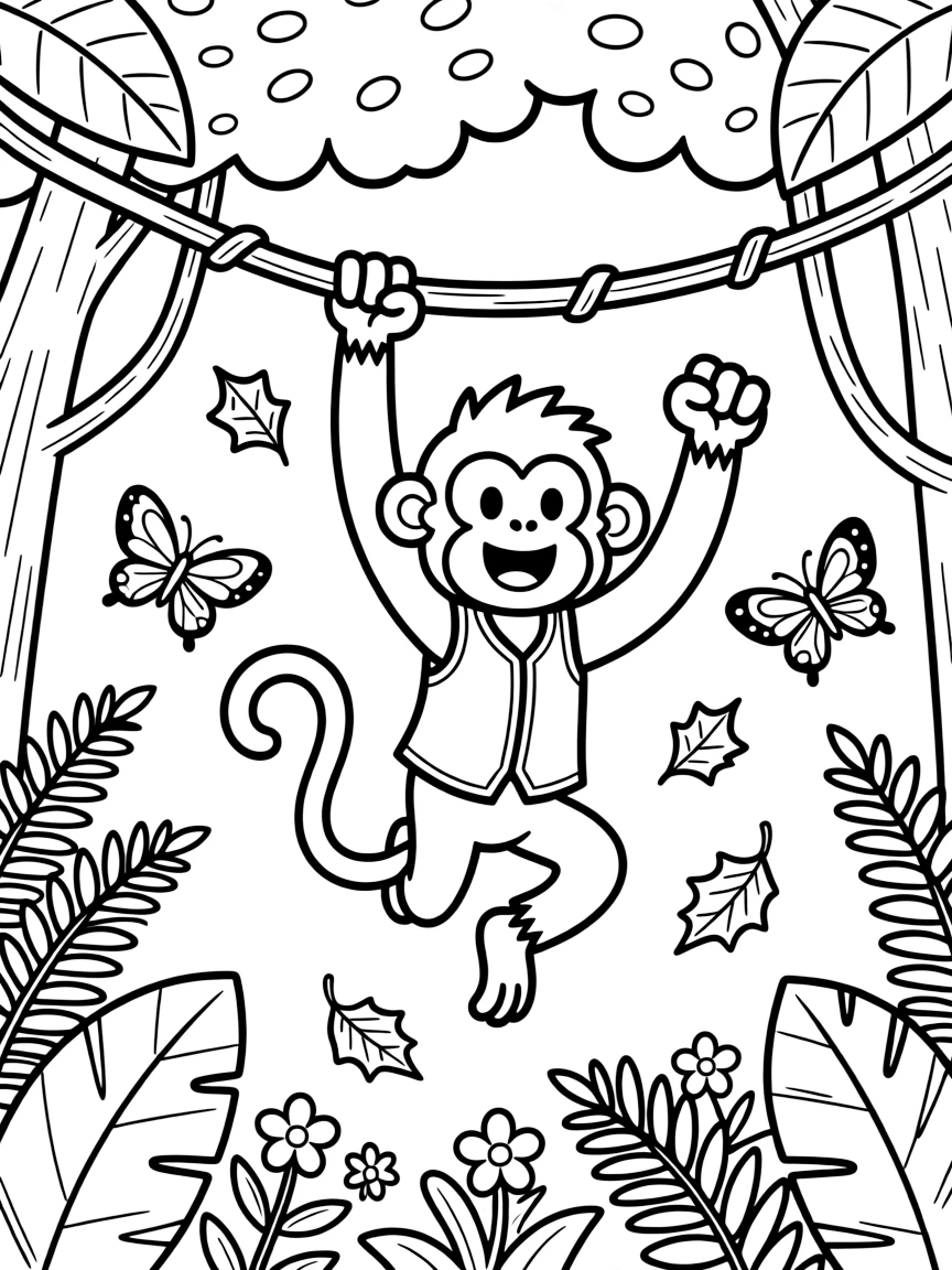 [Jungles] a swinging howler monkey swinging from vine to vine deep in a tropical rainforest, cheering with both fists raised, while butterflies flutter through dappled sunlight fills the surrounding area. Sunlight filters through the thick canopy. Set under a full moon, with autumn leaves swirling in the wind, the page bursts with adventure and imagination.