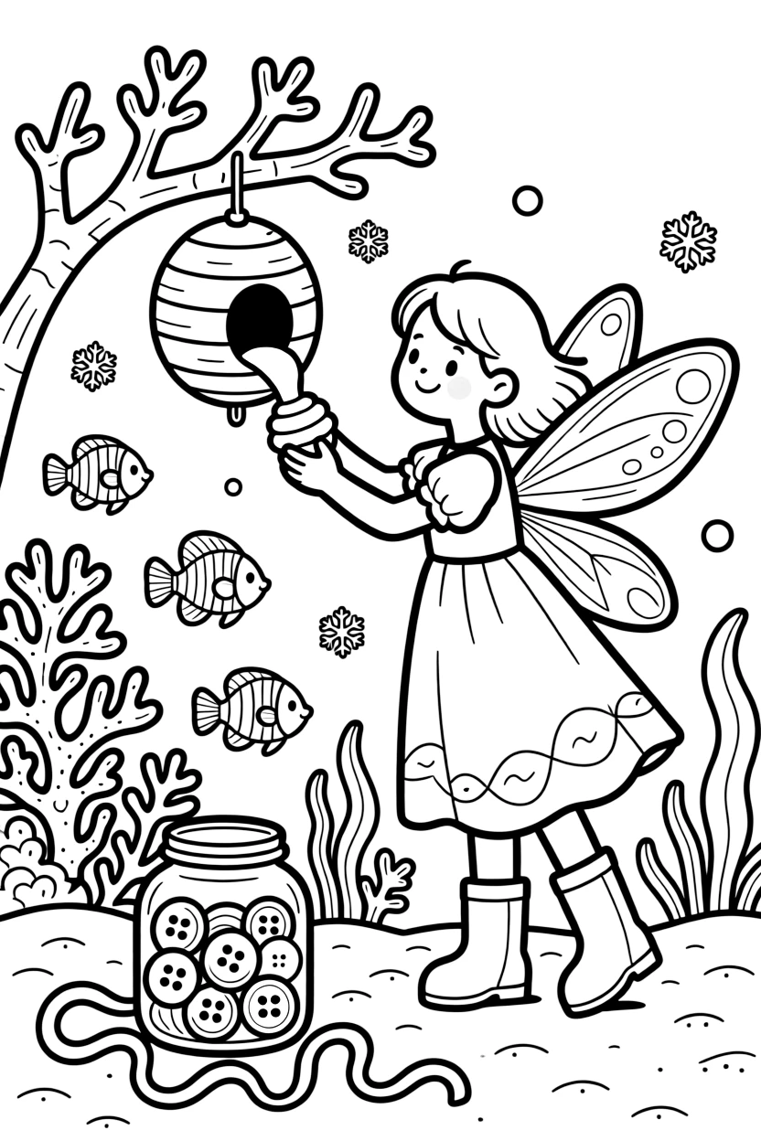 A girl wearing shimmering fairy wings is harvesting honey from a friendly beehive in an underwater coral reef full of colorful fish. gently falling snowflakes and a jar of colorful buttons and ribbons add a playful, cheerful touch.