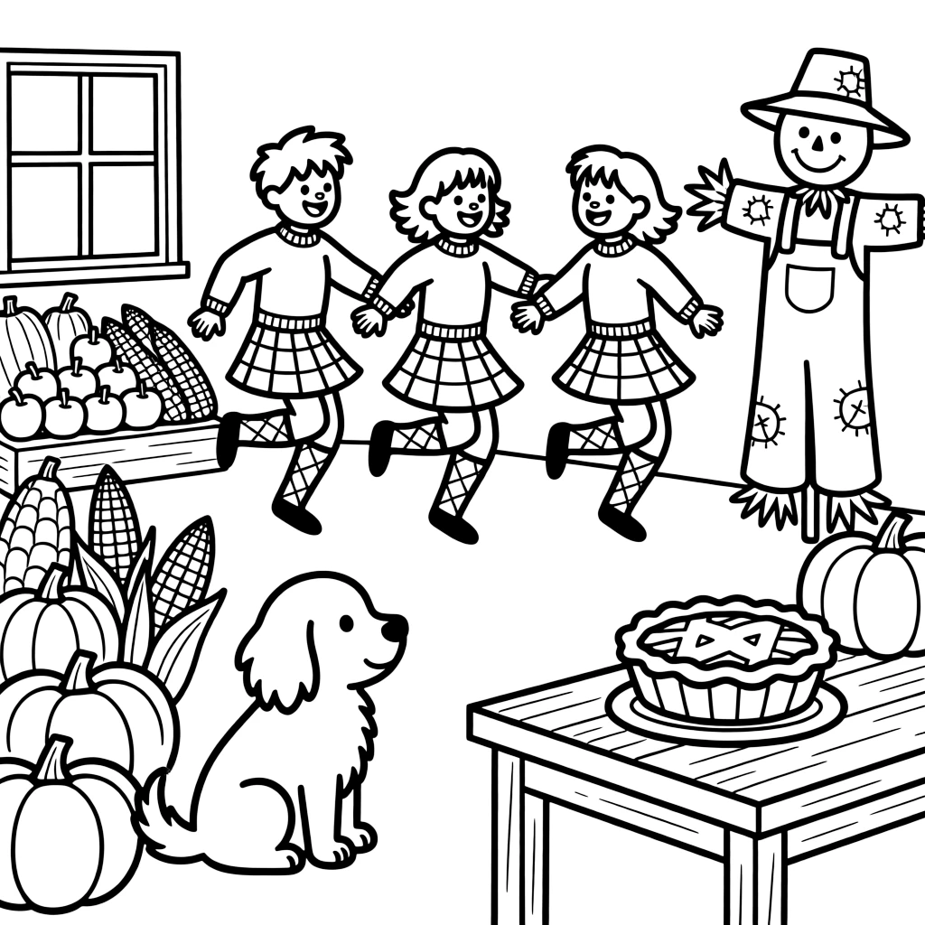 A fluffy puppy admiring dancers performing a lively Highland reel at a farmers market piled high with autumn vegetables, near a warm apple pie cooling on a windowsill and a scarecrow with a patched hat.