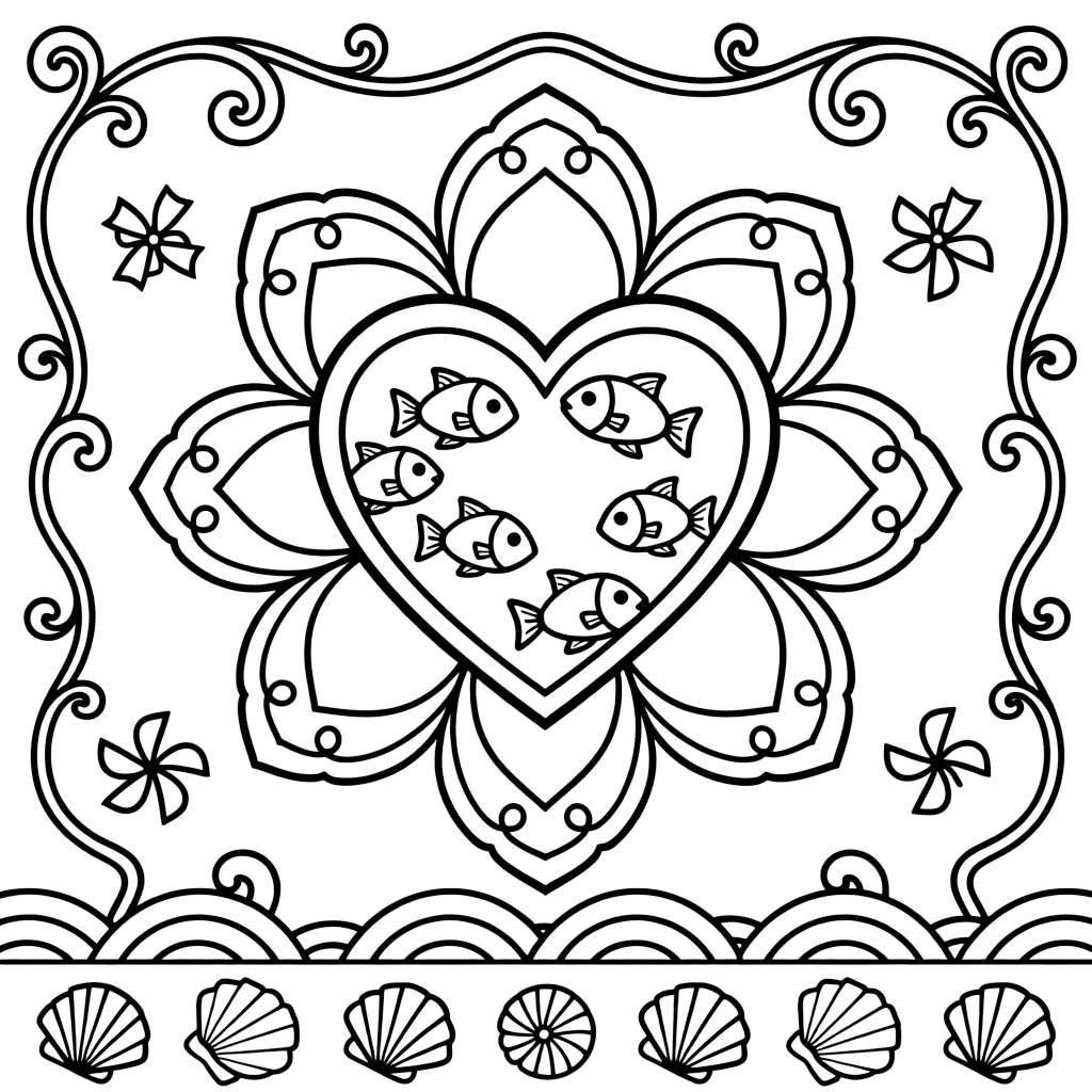 Ocean Creatures: The main subject is a school of small fish swimming in a circle, drawn as the focal point of a heart-shaped mandala framed by soft curling loops. It is set at the core of the page, with the pattern unfolding outward in eight matching symmetrical segments. Decorative details fill the surrounding space, including swirling vine tendrils, rows of curling wave shapes, and pinwheel blades spinning in place woven throughout the background. A playful extra touch completes the page: a cluster of small seashells scattered along the bottom border.