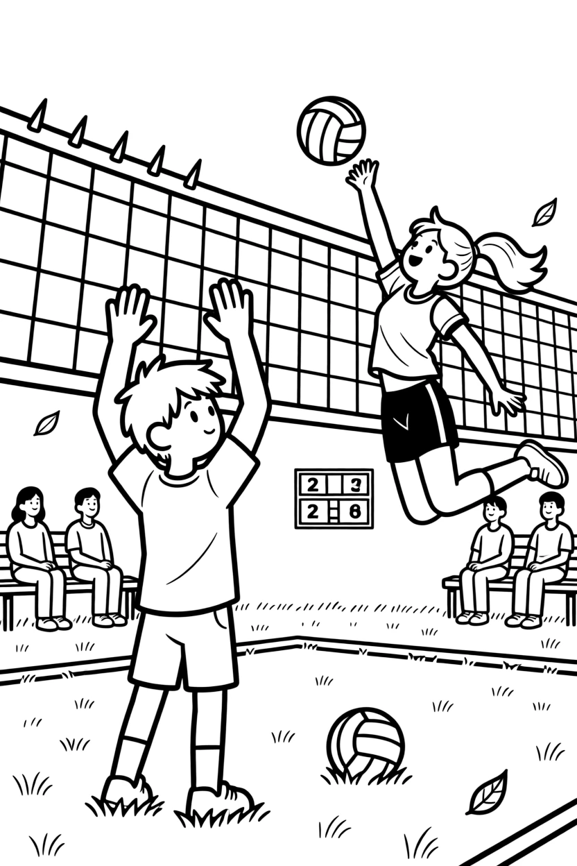 A shy new student, blocking a spike at the net, hands raised high against an opposing hitter.