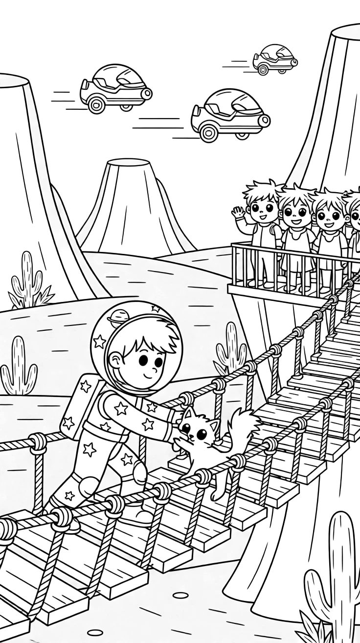 Star Scout Photon, a young space explorer in a starry spacesuit rescuing a stranded alien kitten from a crumbling rope bridge, in a red desert planet with towering rock canyons, with a fleet of hover-scooters zipping past in the background and a group of kids waving from a nearby observation deck nearby.