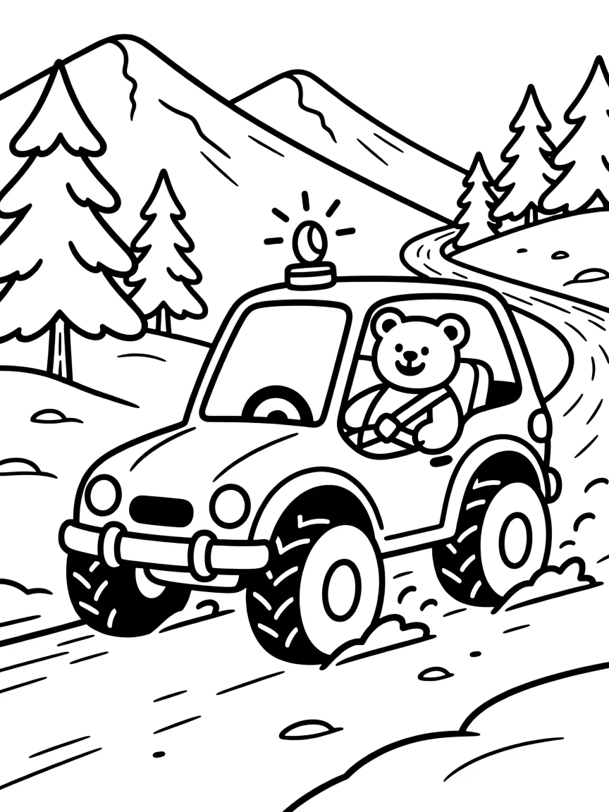 A big, friendly a dune buggy kicking up trails of sand rolls through a snowy mountain pass with pine trees dusted in white, with a teddy bear buckled safely into the passenger seat enjoying the ride and a signal light blinking cheerfully adding a playful touch.