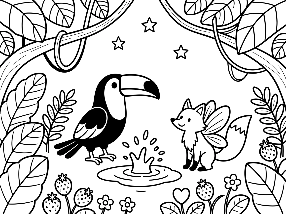 A toucan splashing happily in a puddle with a fairy-winged fox in a bustling jungle canopy, near a patch of wild strawberries, as stars begin to twinkle above.