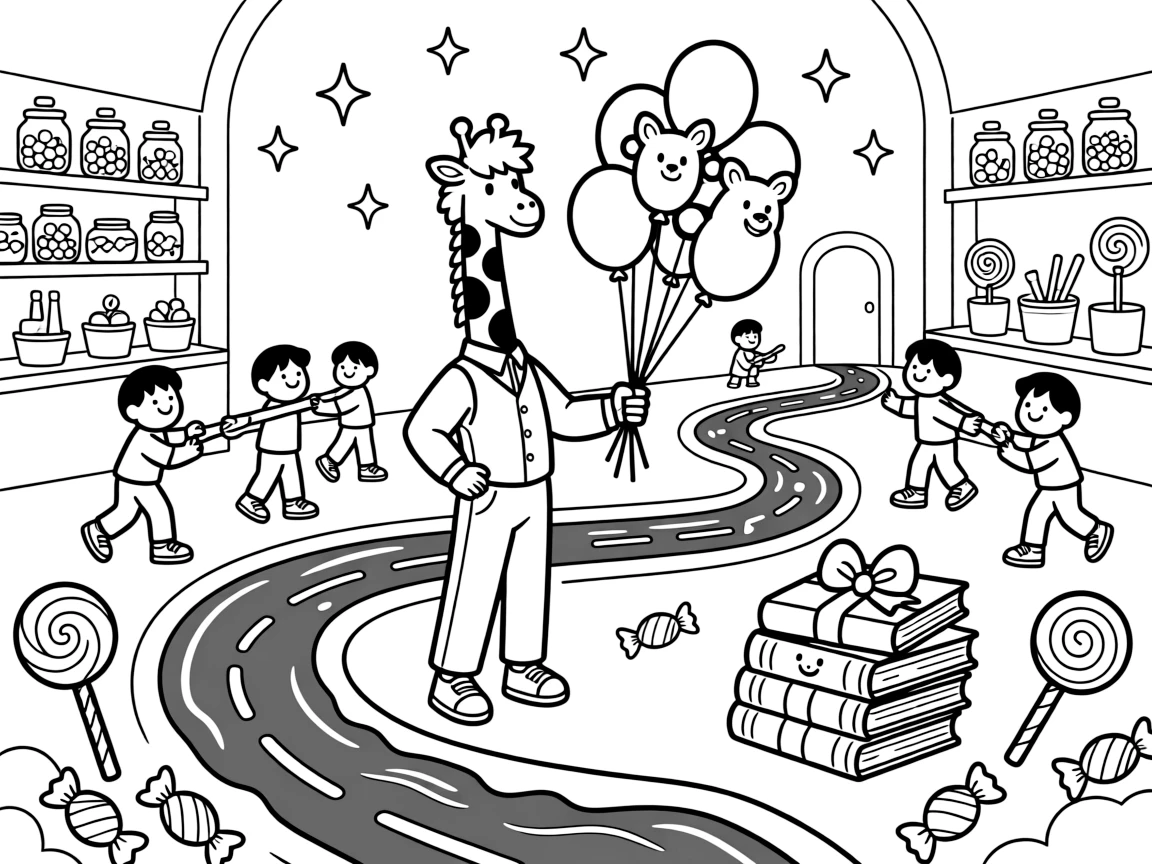 Inside a candy factory with rivers of chocolate, a brave giraffe balloon seller discovers the joy of training for a big race with a team of tiny helpers, while a stack of picture books tied with ribbon watches happily nearby. Sparkles and stars fill the air with magic.