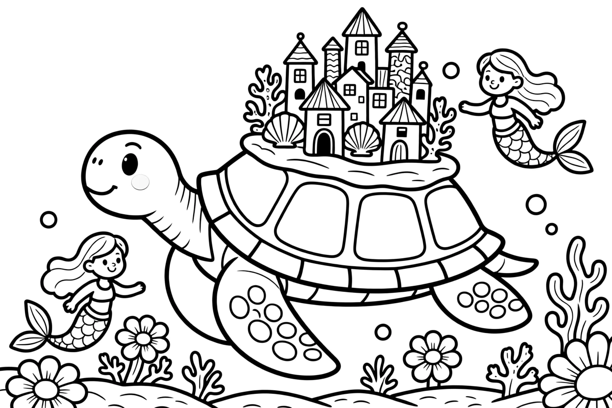 A giant friendly sea turtle carries an entire coral reef city on its shell, mermaids tending gardens of anemones along its back.